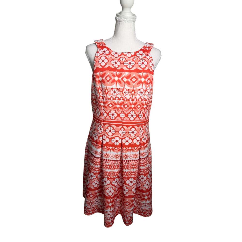 Jessica Howard Coral Pink White Geometric Floral Fit & Flare Dress